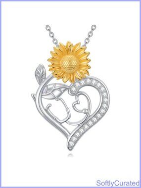 925 Sterling Silver Stethoscope Necklace Sunflower Pendant Nurse Gift